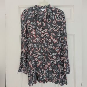 J Jill Womens Paisley Floral Long Sleeve Button Down Collared Tunic Blouse Sz M